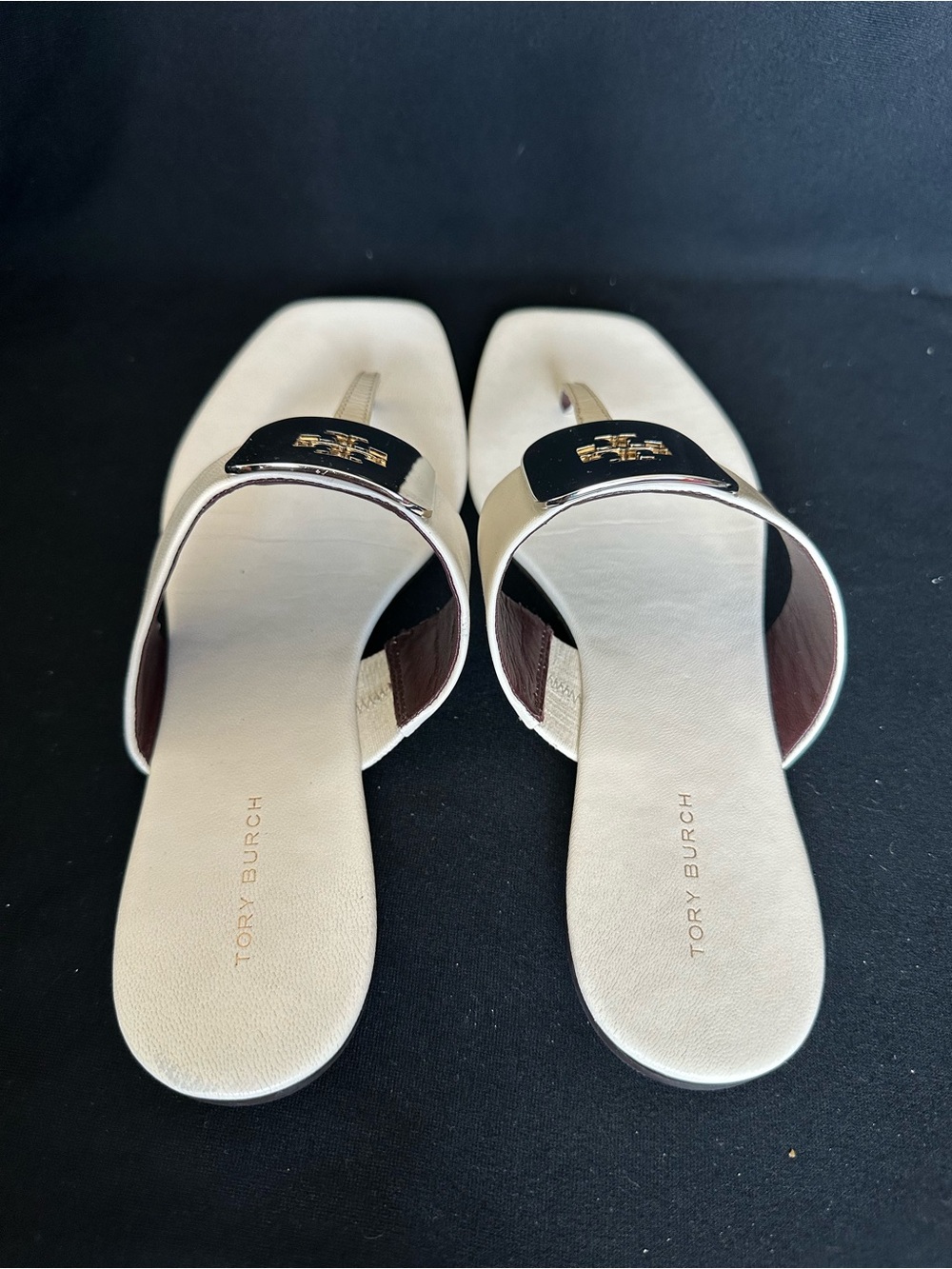 Tory Burch Georgia Ivory Leather Logo Thong Sandals with Gold Accent 8.5 square - Picture 4 of 14